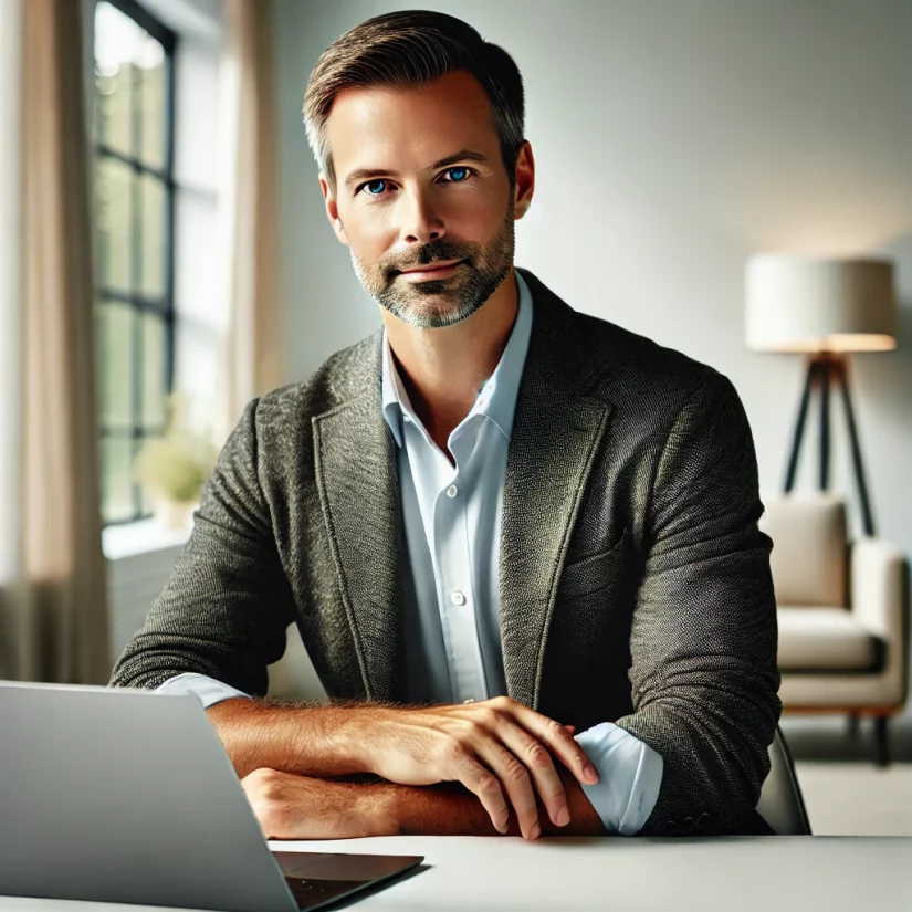 DALL·E 2024-10-12 18.59.56 – A professional-looking white man around 40 years old, with short hair, seated in a minimalist office for a LinkedIn profile picture. He is wearing a b DALL·E 2024-10-12 18.59.56 - A professional-looking white man around 40 years old, with short hair, seated in a minimalist office for a LinkedIn profile picture. He is wearing a b